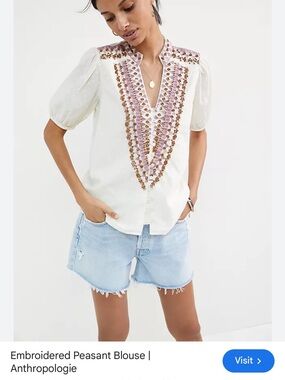 Anthropologie White Peasant Blouse with Pink and Gold Embroidery